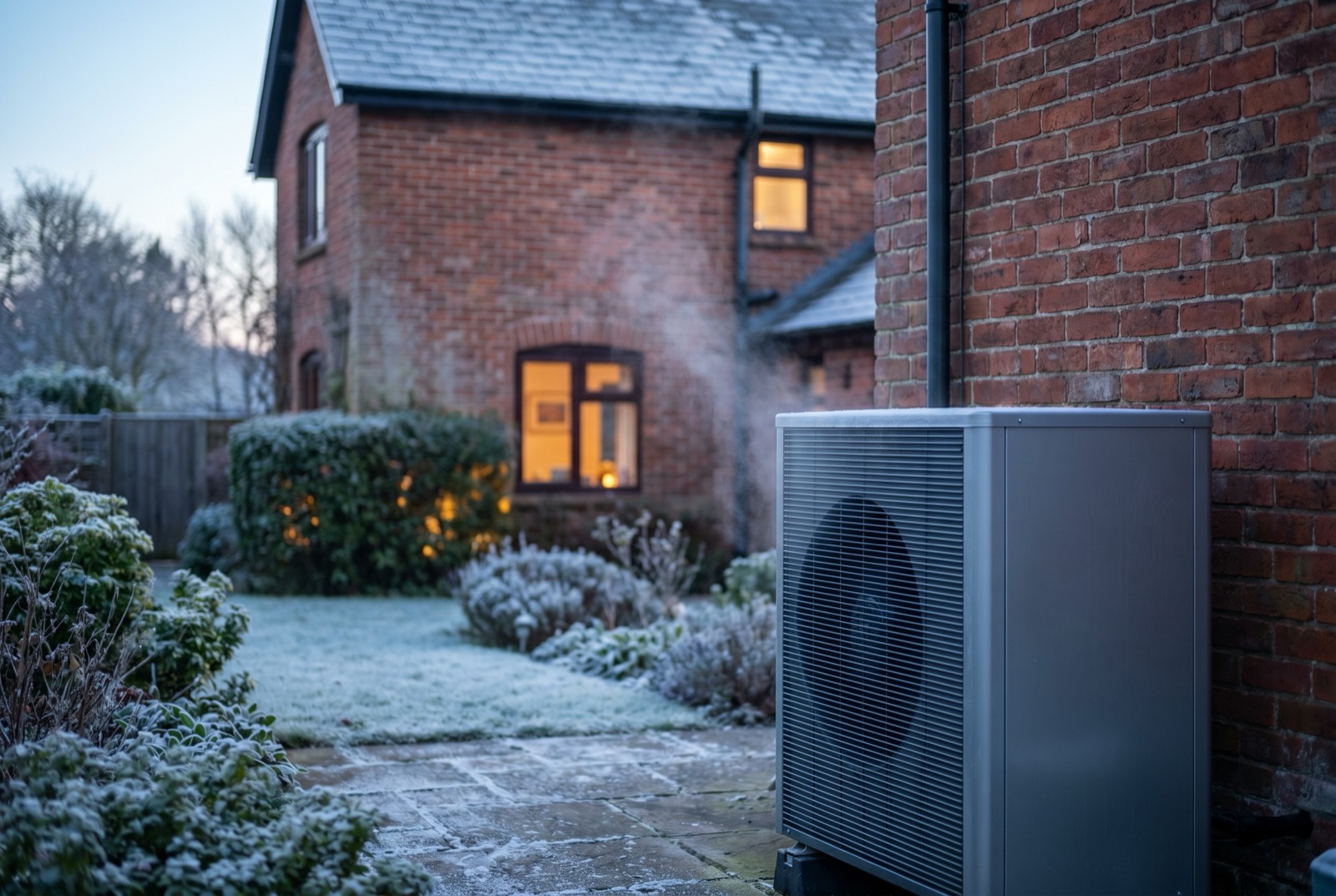Unité extérieure de thermopompe sur le côté d'une maison québécoise en hiver
